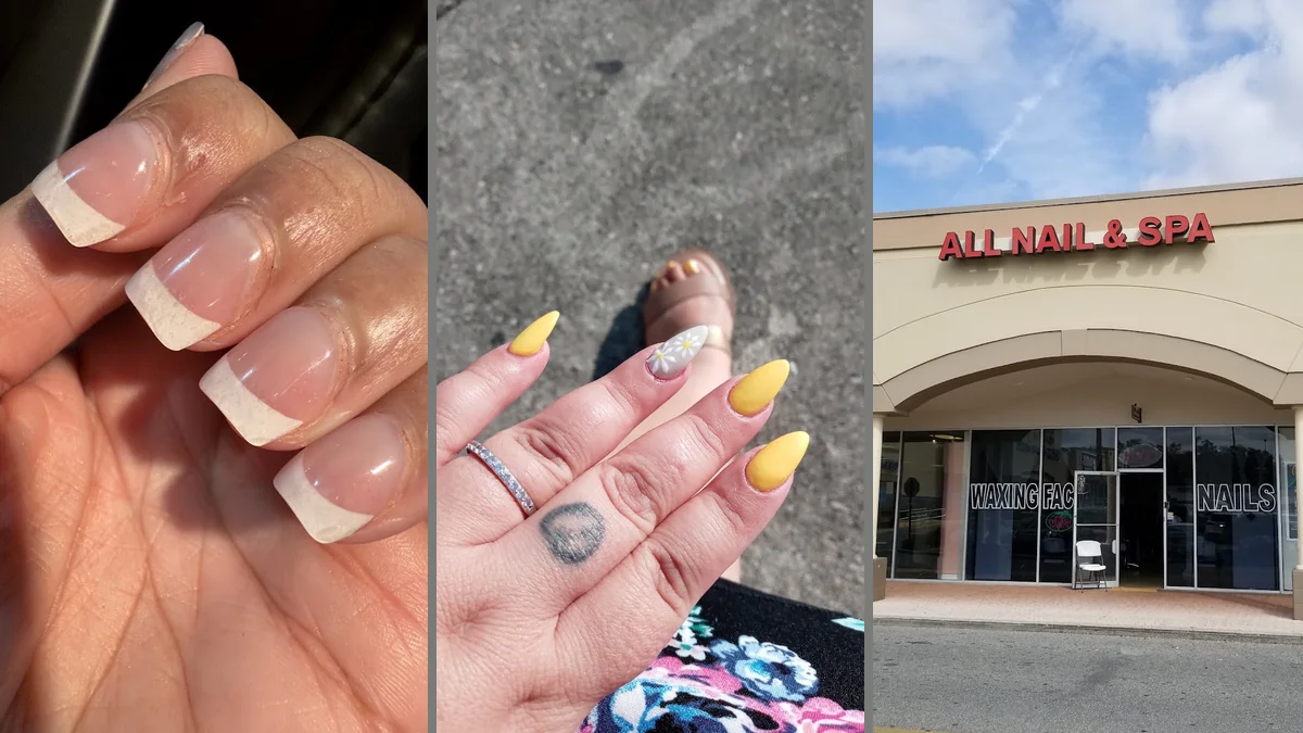 Close view of painted nails and manicure supplies